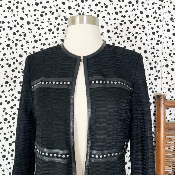 NEW Ming Wang | Black Knit Faux Leather Trim Stud Long Sleeve Cardigan Jacket XS - Picture 3 of 11